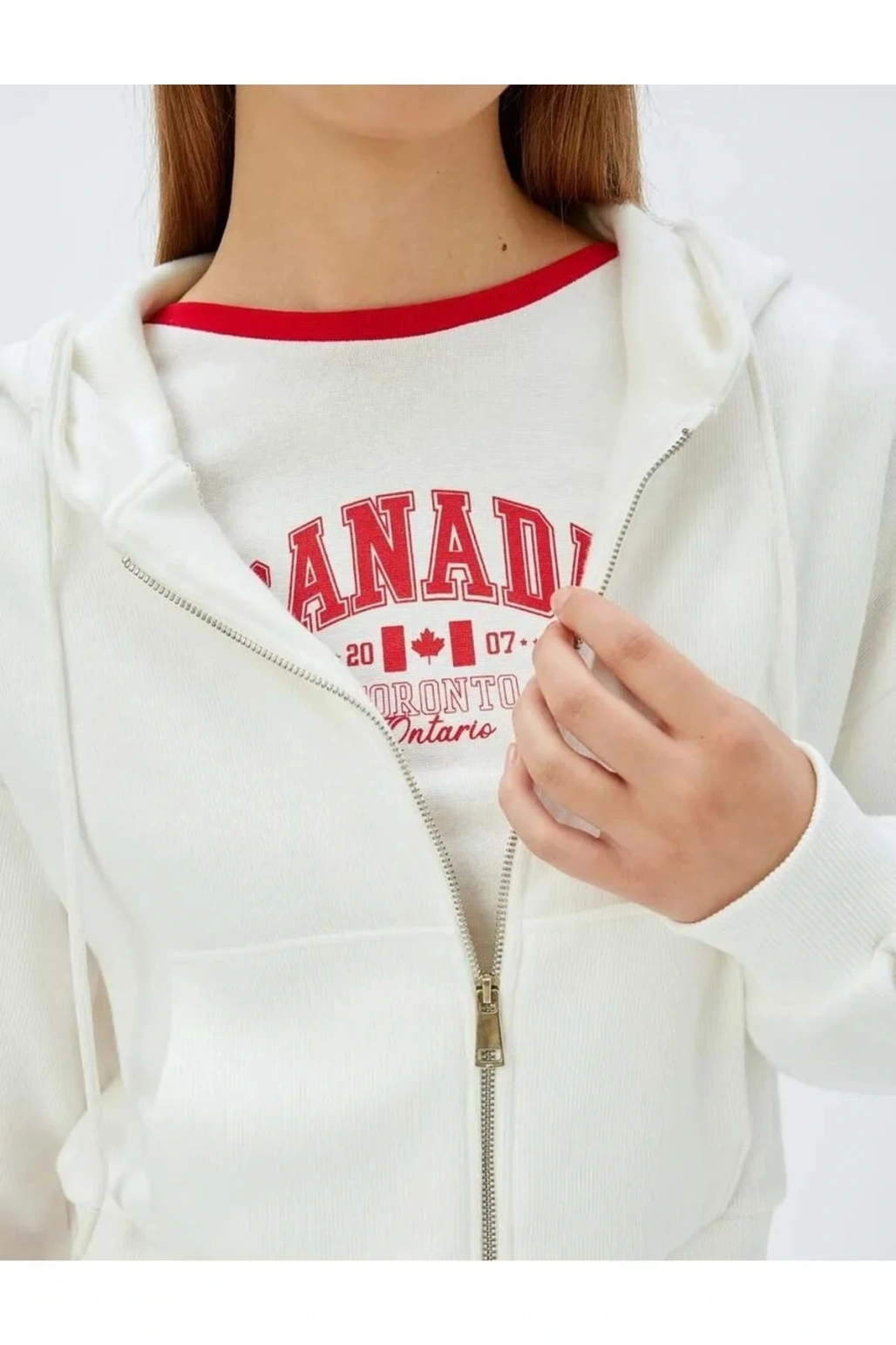 Crop Kapüşonlu Fermuarlı Sweatshirt 5WAK10056EK EKRU