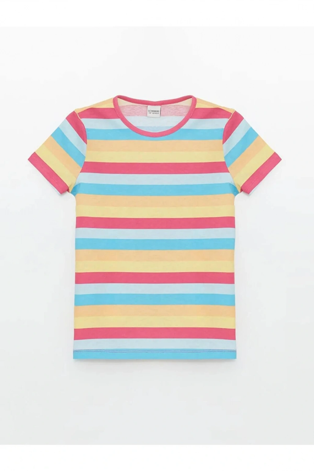 LCW Kids Mavi Bisiklet Yaka Çizgili Kısa Kollu Kız Çocuk Tişört
