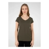 22y0147k1 V Yaka Kısa Kollu Normal Kalıp Düz Haki Kadın T-shirt