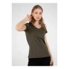22y0147k1 V Yaka Kısa Kollu Normal Kalıp Düz Haki Kadın T-shirt