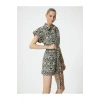 Şort Tulum Kısa Kollu Düğmeli Etnik Desenli Beli Kuşaklı Pamuklu