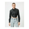 Deri Görünümlü Gömlek Crop Korse Detaylı Uzun Kollu Düğmeli Slim Fit