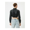 Deri Görünümlü Gömlek Crop Korse Detaylı Uzun Kollu Düğmeli Slim Fit