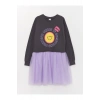 Bisiklet Yaka Baskılı Uzun Kollu Kız Çocuk Elbise