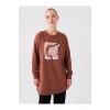 Bisiklet Yaka Baskılı Uzun Kollu Oversize Kadın Sweatshirt Tunik