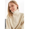 Yakası Fermuarlı Sweat Bej