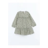 Yeşil Bisiklet Yaka Kız Bebek Çiçekli Kadife Elbise