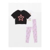 Bisiklet Yaka Baskılı Kısa Kollu Kız Çocuk Tişört Ve Tayt 3lü Takım