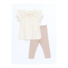 Ekru Bisiklet Yaka Nakışlı Kız Bebek Bluz Ve Tayt 2li