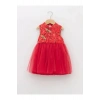 LCW baby Kırmızı Dik Yaka Desenli Kız Bebek Tül Etekli Elbise