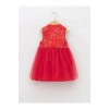 LCW baby Kırmızı Dik Yaka Desenli Kız Bebek Tül Etekli Elbise