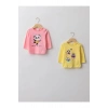 LCW ECO Pembe Bisiklet Yaka Uzun Kollu Baskılı Pamuklu Kız Bebek Tişört 2li