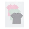 LCW Kids Gri Bisiklet Yaka Basic Kız Bebek Tişört 3lü