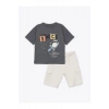 LCW Kids Gri Bisiklet Yaka Baskılı Erkek Bebek Tişört ve Şort 2li Takım