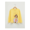 LCW Kids Sarı Bisiklet Yaka Baskılı Uzun Kollu Pamuklu Kız Çocuk Tişört