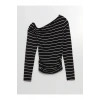 LCW Vision Siyah Kayık Yaka Çizgili Kadın Body