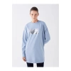 LCWAIKIKI Basic Mat Mavi Bisiklet Yaka Baskılı Uzun Kollu Oversize Kadın Sweatshirt Tunik