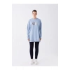 LCWAIKIKI Basic Mat Mavi Bisiklet Yaka Baskılı Uzun Kollu Oversize Kadın Sweatshirt Tunik
