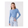 LCWAIKIKI Basic Mavi Bisiklet Yaka Düz Uzun Kollu Kadın Tişört