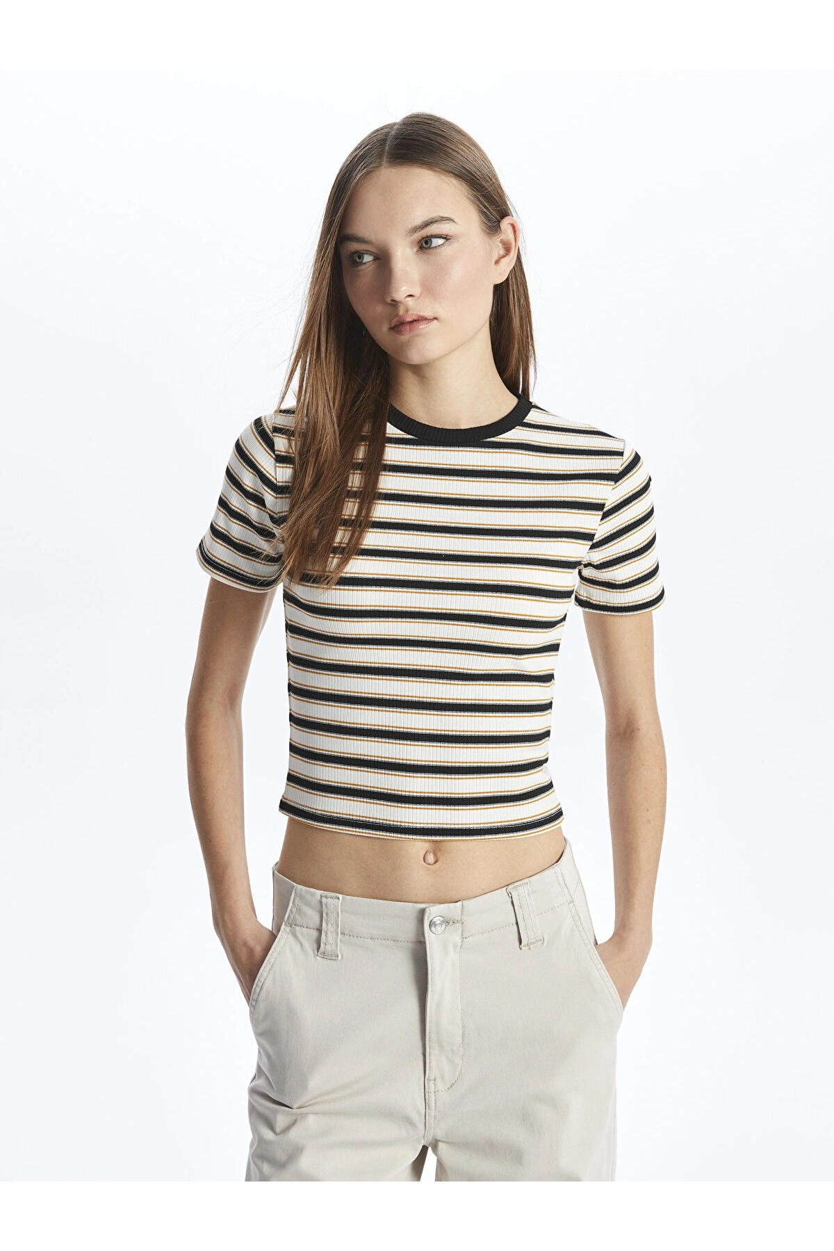 LC Waikiki XSIDE Bisiklet Yaka Çizgili Kısa Kollu Kadın Crop