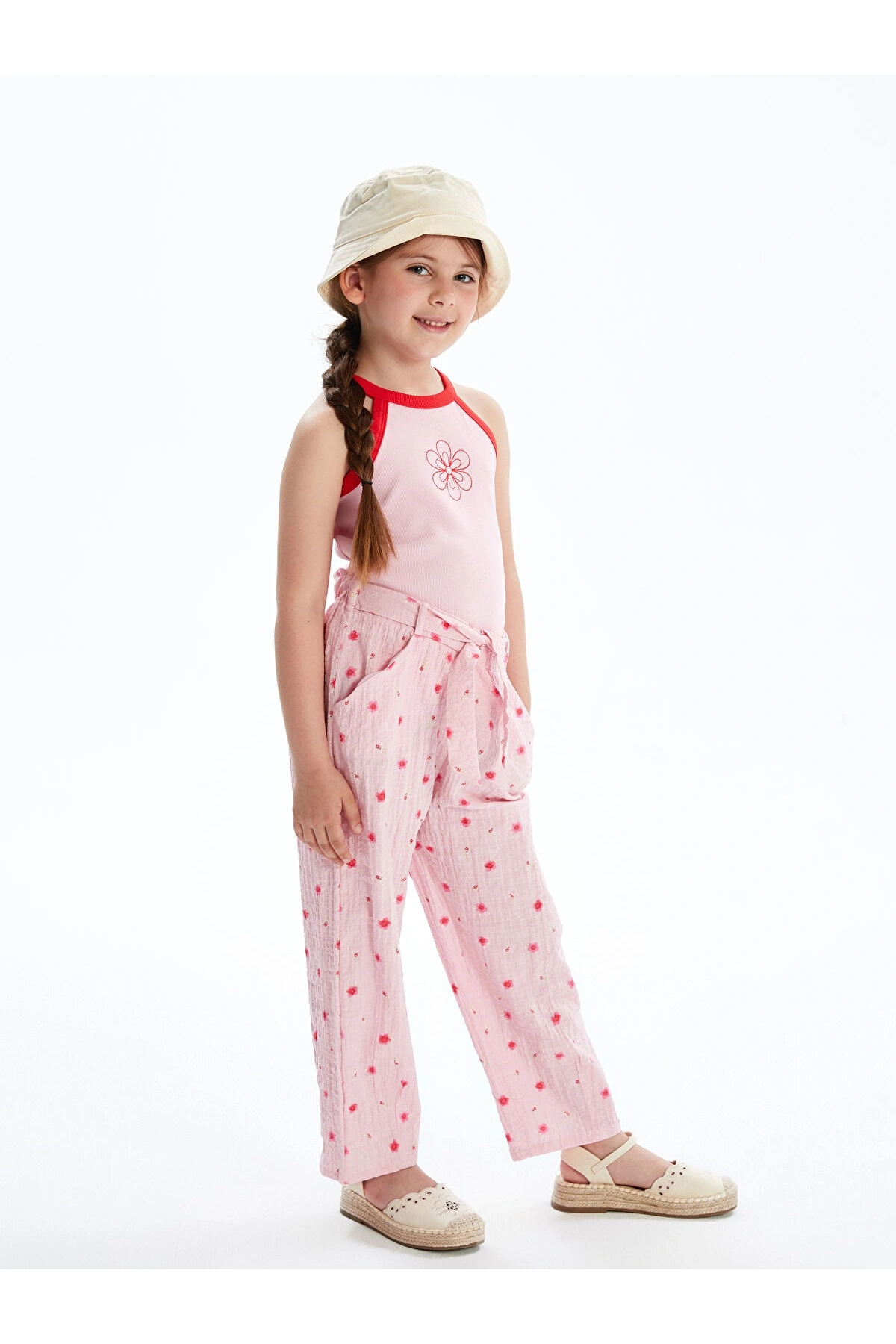 LCW Kids Pembe Çiçekli Beli Bağlamalı Kız Çocuk Pantolon