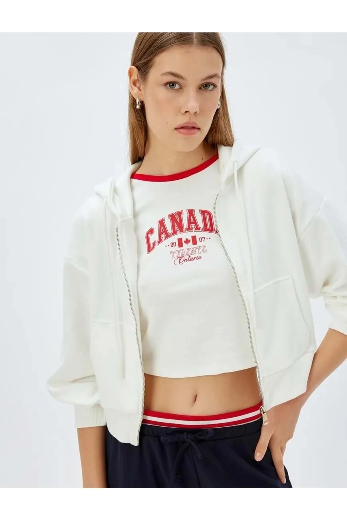 Crop Kapüşonlu Fermuarlı Sweatshirt 5WAK10056EK EKRU