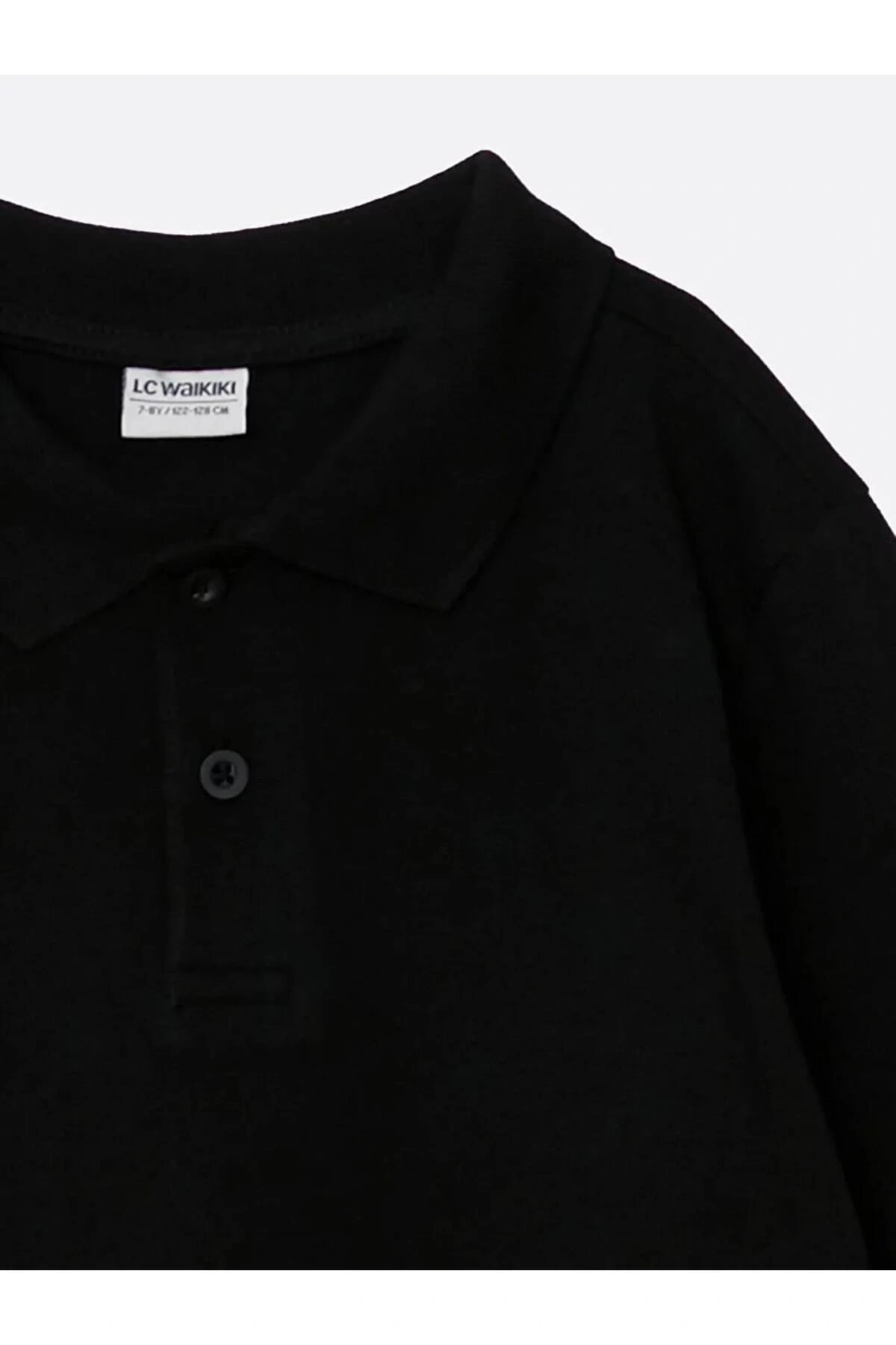 LCW Kids Siyah Polo Yaka Basic Uzun Kollu Erkek Çocuk Tişört