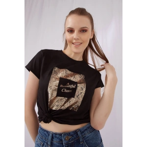 Bisiklet Yaka Kısa Kol Cepsiz Baskılı Siyah Kadın T-shirt