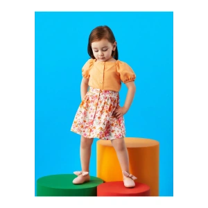 Kare Yaka Kısa Kollu Kız Bebek Gömlek Ve Etek 2li Takım