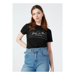Pamuk Bisiklet Yaka Kısa Kollu Standart Fit Baskılı Siyah Kadınt-shirt
