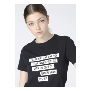 Kadın Baskılı Lacivert Bisiklet Yaka T-shirt