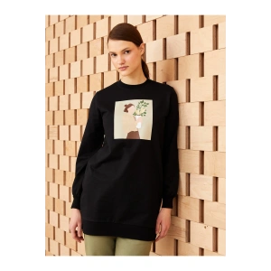 Bisiklet Yaka Baskılı Uzun Kollu Kadın Tunik