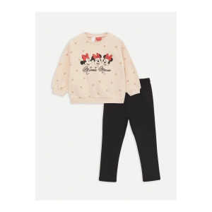 Bisiklet Yaka Uzun Kollu Minnie Mouse Baskılı Kız Bebek Sweatshirt ve Tayt 2li Takım