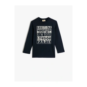 Tişört Uzun Kollu Bisiklet Yaka Slogan Baskılı Pamuklu