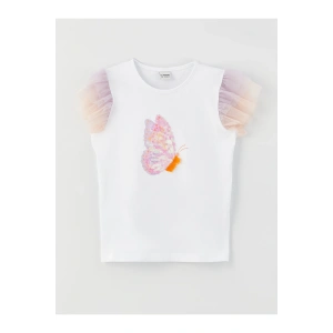 Bisiklet Yaka Pul Işlemeli Kısa Kollu Kız Çocuk Tişört