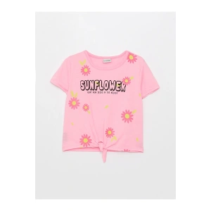 Bisiklet Yaka Baskılı Kısa Kollu Kız Çocuk Crop Tişört