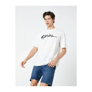 Oversize Tişört Slogan Baskılı Bisiklet Yaka Kısa Kollu Pamuklu