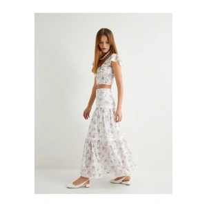 Çiçekli Uzun Etek Normal Bel Volanlı Pamuklu Fistolu
