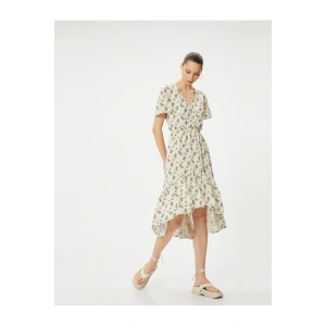 Çiçekli Midi Elbise Asimetrik Kesim Fırfırlı Kısa Kollu V Yaka Düğmeli Astarlı