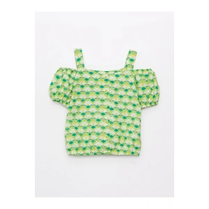 Kare Yaka Desenli Kısa Kollu Kız Çocuk Bluz