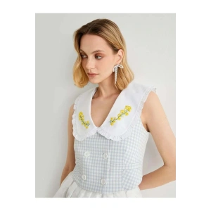 X Tuba Ünsal - Düğmeli Kruvaze Crop Yelek 4SAK20115UW Mavi Ekose