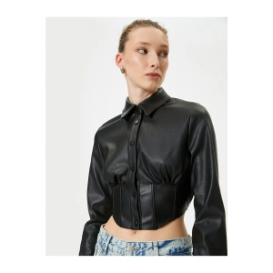 Deri Görünümlü Gömlek Crop Korse Detaylı Uzun Kollu Düğmeli Slim Fit