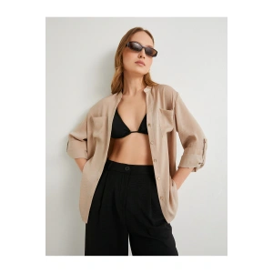 Hakim Yaka Gömlek Uzun Katlamalı Kol Cepli Düğmeli Regular Fit