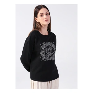 Bisiklet Yaka Taşlı Siyah Kadın Sweatshırt 22k0062k1