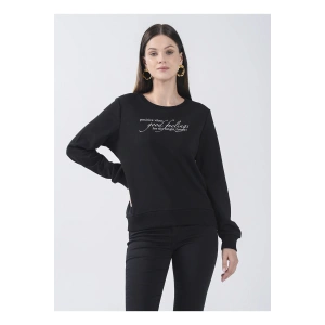 Bisiklet Yaka Baskılı Siyah Kadın Sweatshırt 22k0375k1