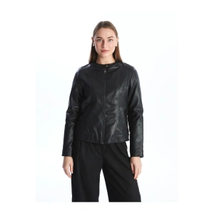 Kadın Bisiklet Yaka Düz Deri Görünümlü Mont