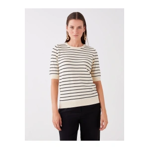 Bisiklet Yaka Çizgili Kısa Kollu Kadın Triko Kazak
