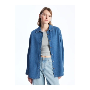 Düz Uzun Kollu Oversize Kadın Jean Gömlek