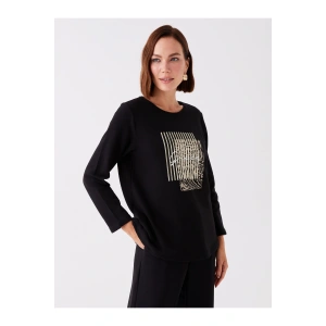 Bisiklet Yaka Baskılı Uzun Kollu Kadın Bluz