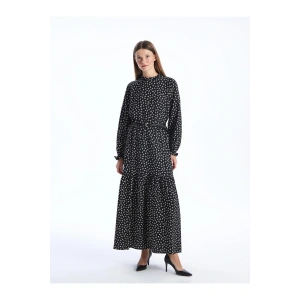 Siyah Baskılı Dik Yaka Desenli Uzun Kollu Kadın Elbise